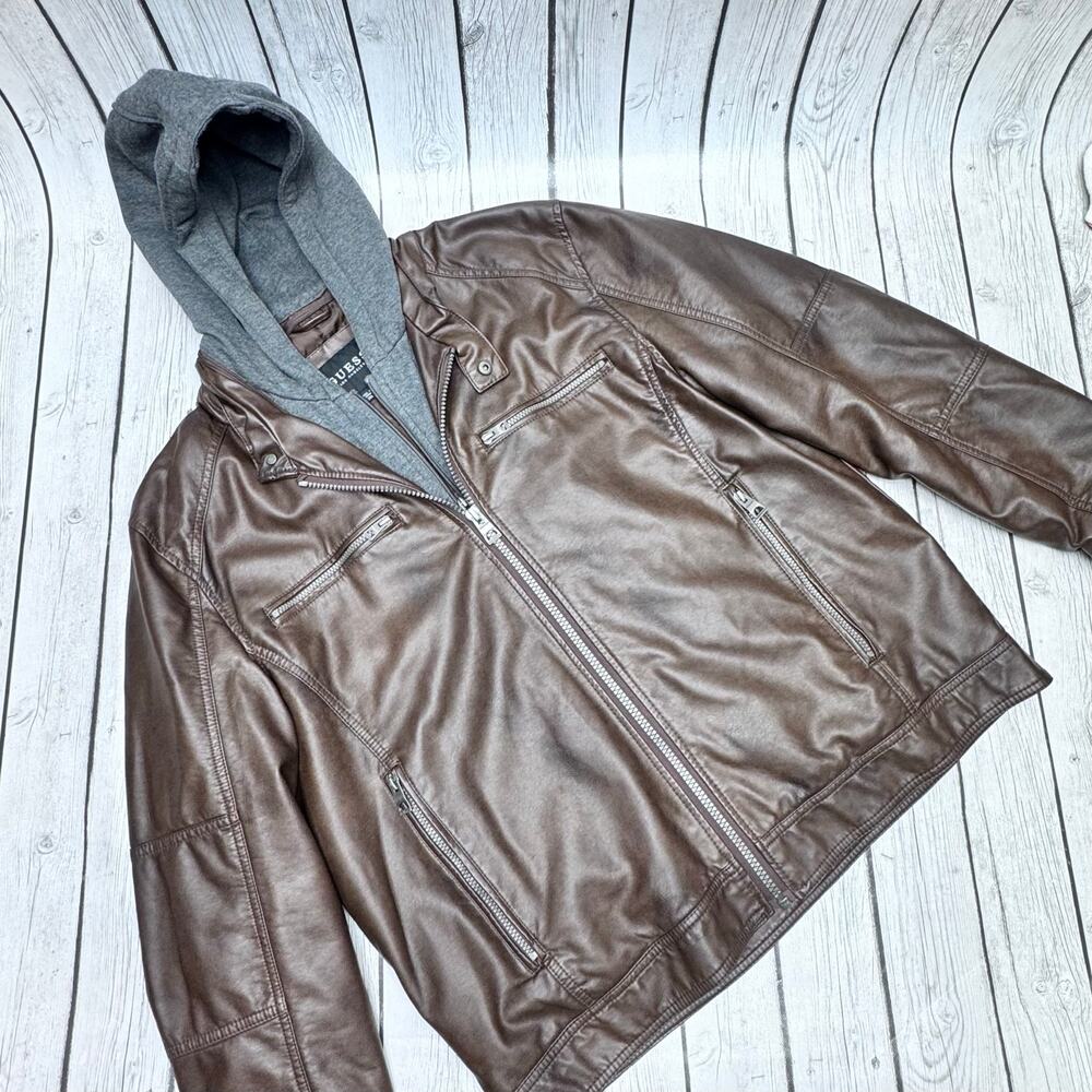 GUESS Men's Faux Leather Hooded Moto Jacket Size XX-Large